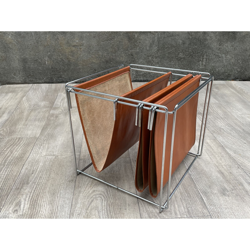 Vintage magazine rack in chrome steel and leather by Max Sauze 1970s