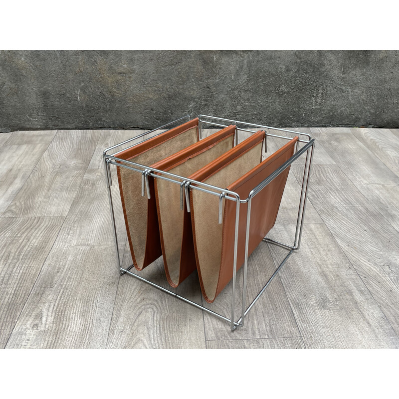 Vintage magazine rack in chrome steel and leather by Max Sauze 1970s