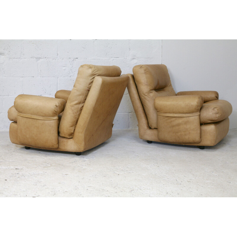 Pair of vintage leather armchairs by Michel Ducaroy Albany Roset 1970s