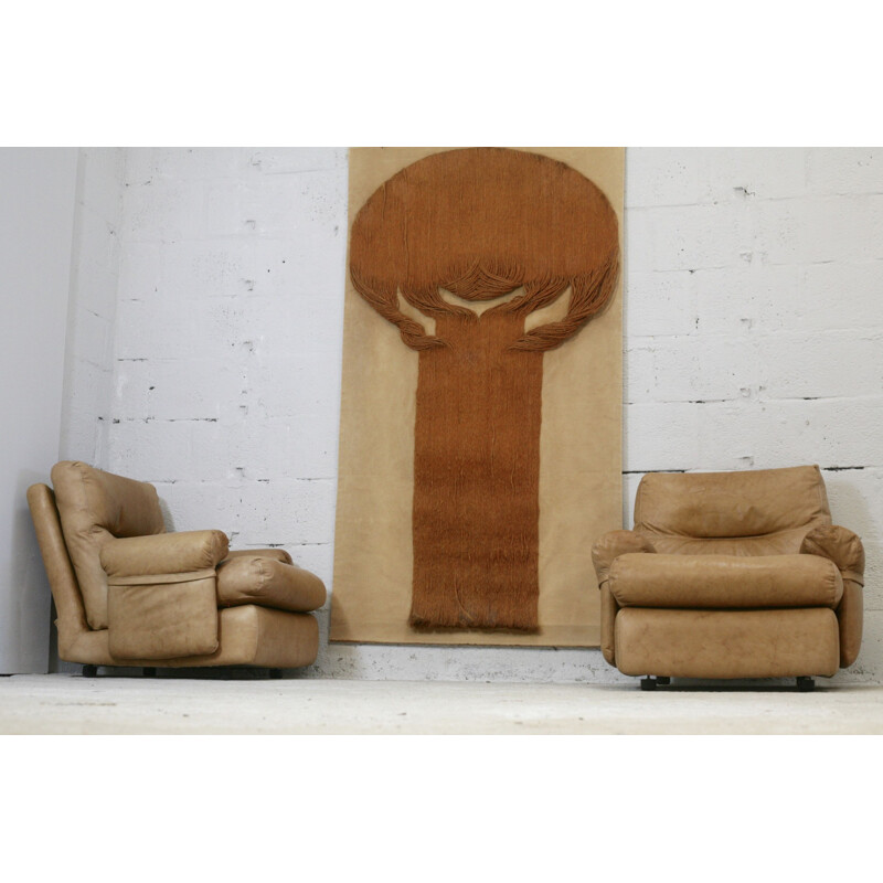 Pair of vintage leather armchairs by Michel Ducaroy Albany Roset 1970s