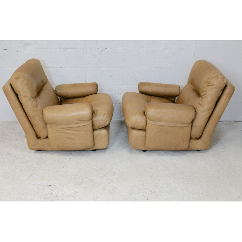 Pair of vintage leather armchairs by Michel Ducaroy Albany Roset 1970s