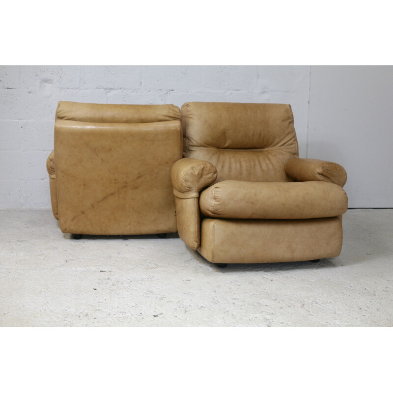 Pair of vintage leather armchairs by Michel Ducaroy Albany Roset 1970s