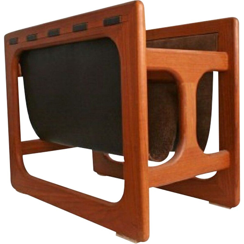 Vintage Teak and Leather Magazine Rack by Aksel Kjersgaard, Suede 1960s