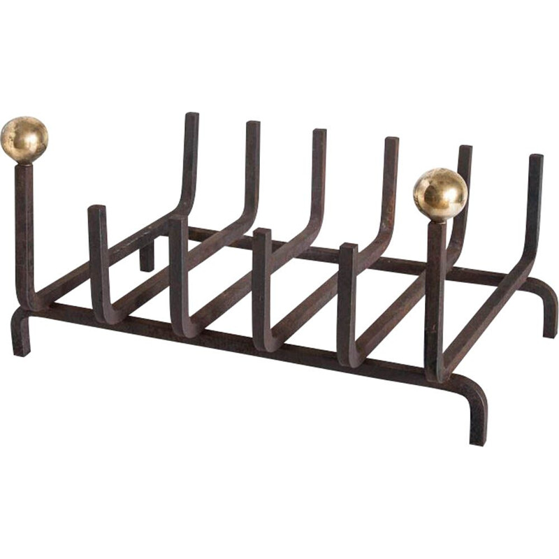 Vintage cast iron and brass log rack for fireplace, France 1940s