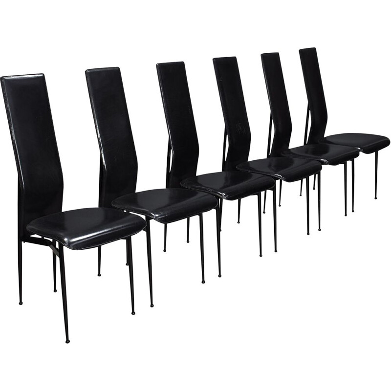 Conjunto de 6 cadeiras de couro preto vintage de Giancarlo Vegni e Gianfranco Gualtierotti para Fasem, Itália 1980.