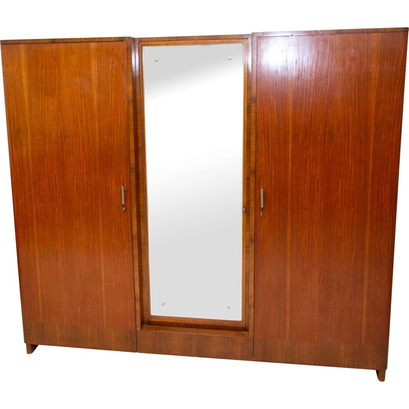 Vintage solid wood and walnut veneer functionalist wardrobe by Vlastimil Brožek, Czechoslovakia 1930