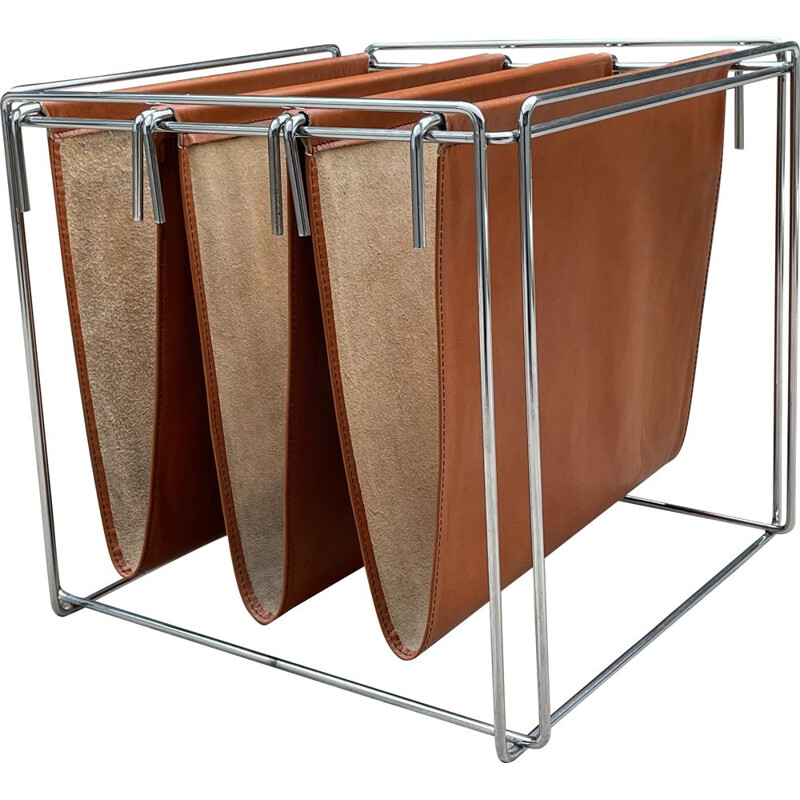 Vintage magazine rack in chrome steel and leather by Max Sauze 1970s