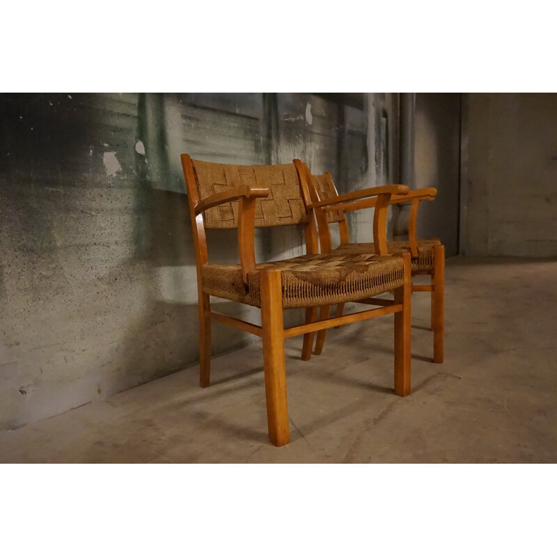 Pair of Vintage Armchairs Beechwood & Seagrass by Frits Schlegel for Fritz Hansen Danish 1940s