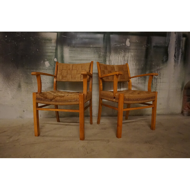 Pair of Vintage Armchairs Beechwood & Seagrass by Frits Schlegel for Fritz Hansen Danish 1940s