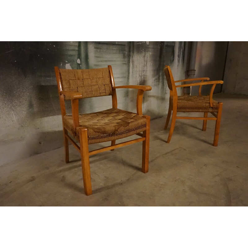 Pair of Vintage Armchairs Beechwood & Seagrass by Frits Schlegel for Fritz Hansen Danish 1940s