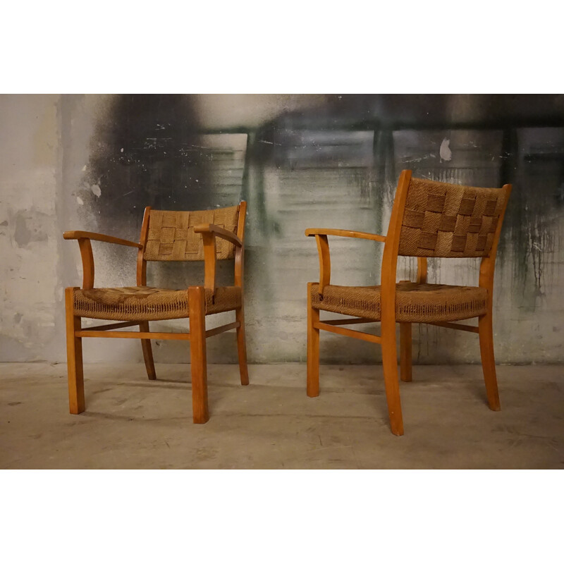 Pair of Vintage Armchairs Beechwood & Seagrass by Frits Schlegel for Fritz Hansen Danish 1940s