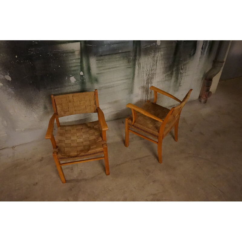 Paire de fauteuils vintage Beechwood &Seagrass par Frits Schlegel pour Fritz Hansen Danois 1940