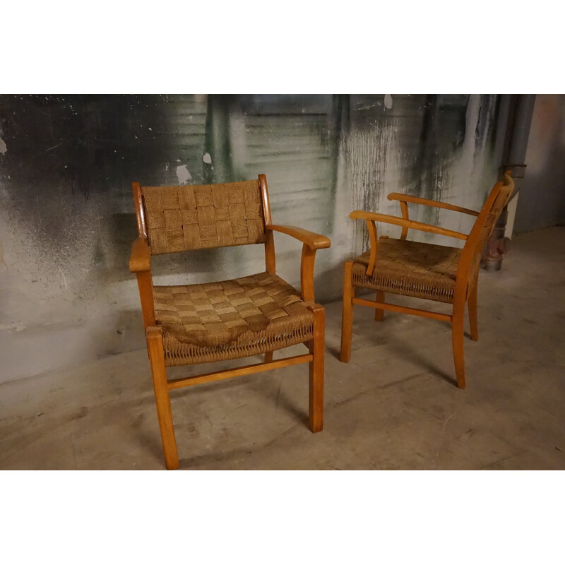 Pair of Vintage Armchairs Beechwood & Seagrass by Frits Schlegel for Fritz Hansen Danish 1940s