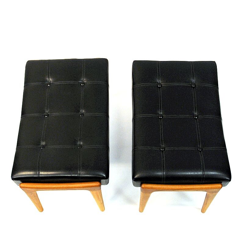 Pair of vintage black imitation leather and teak footstools by Bröderna Andersson Sweden 1950