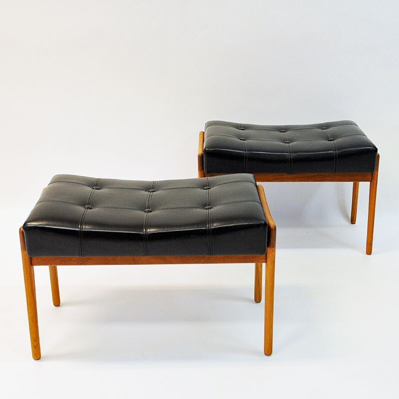 Pair of vintage black imitation leather and teak footstools by Bröderna Andersson Sweden 1950