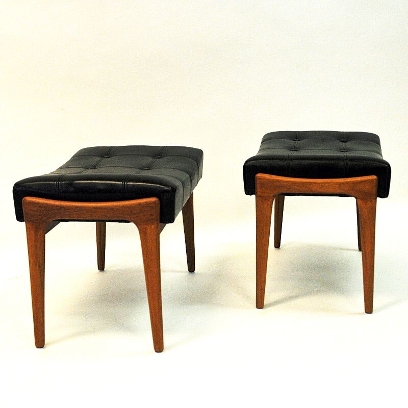 Pair of vintage black imitation leather and teak footstools by Bröderna Andersson Sweden 1950