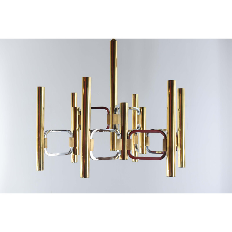 Vintage Sciolari 2-tone brass and chromed metal chandelier by Gaetano Sciolari 1970