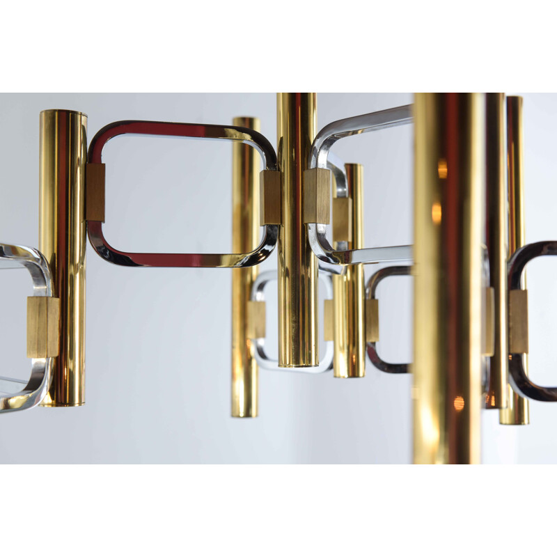 Vintage Sciolari 2-tone brass and chromed metal chandelier by Gaetano Sciolari 1970