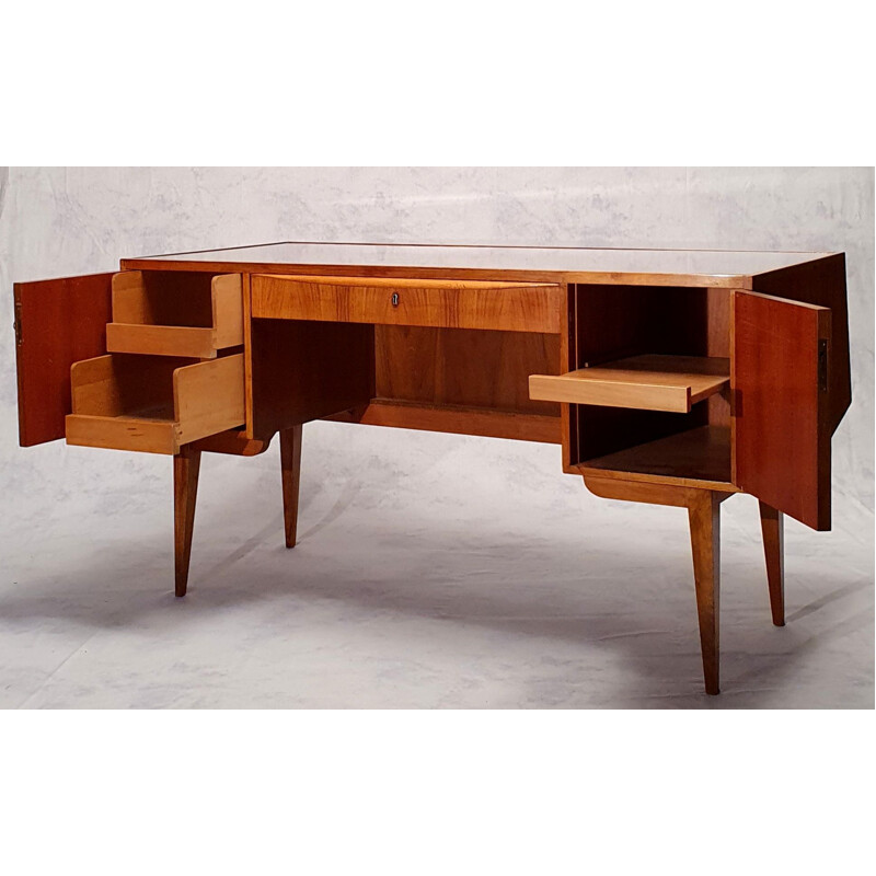 Vintage burr-walnut desk, Bauhaus, Franz Ehrlich for Veb Deutsche Werkstätten Hellerau 1950