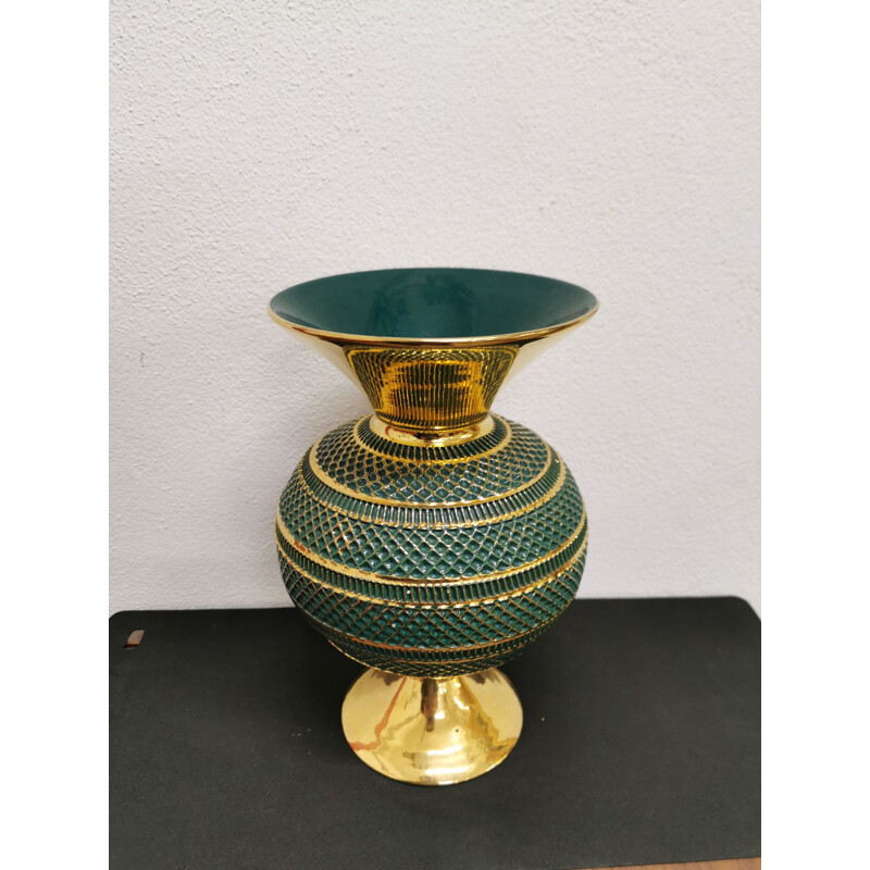 Vase vintage florentin vert et doré fait à la main 1960