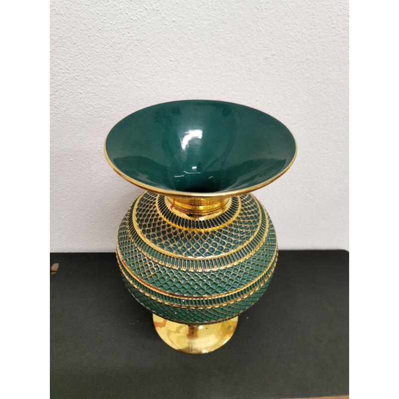 Vase vintage florentin vert et doré fait à la main 1960
