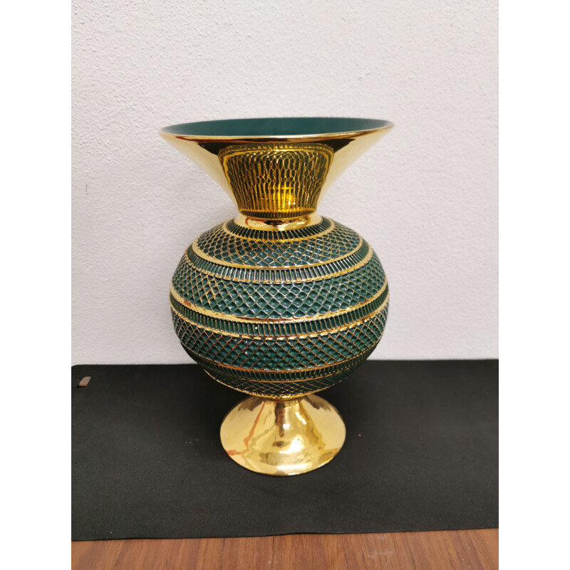 Vase vintage florentin vert et doré fait à la main 1960