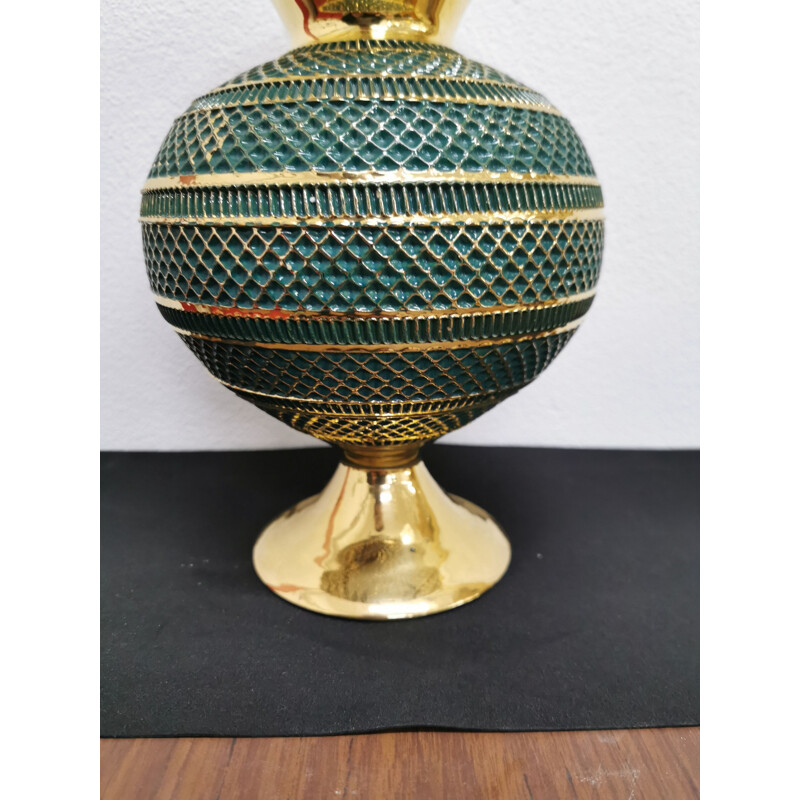 Vase vintage florentin vert et doré fait à la main 1960