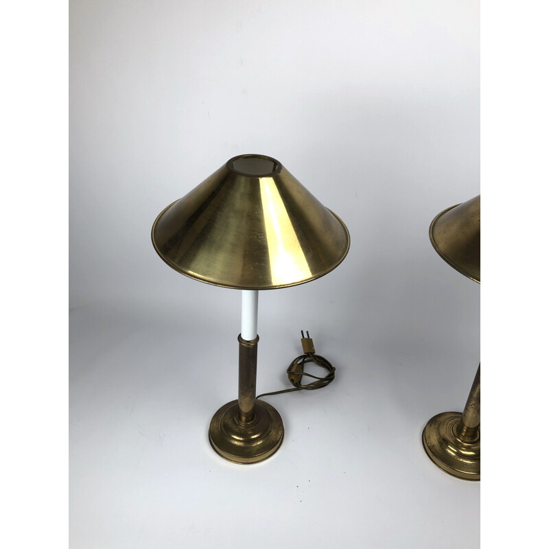 Paire de lampes de table vintage en laiton et laque de Tommaso Barbi, Italie 1970