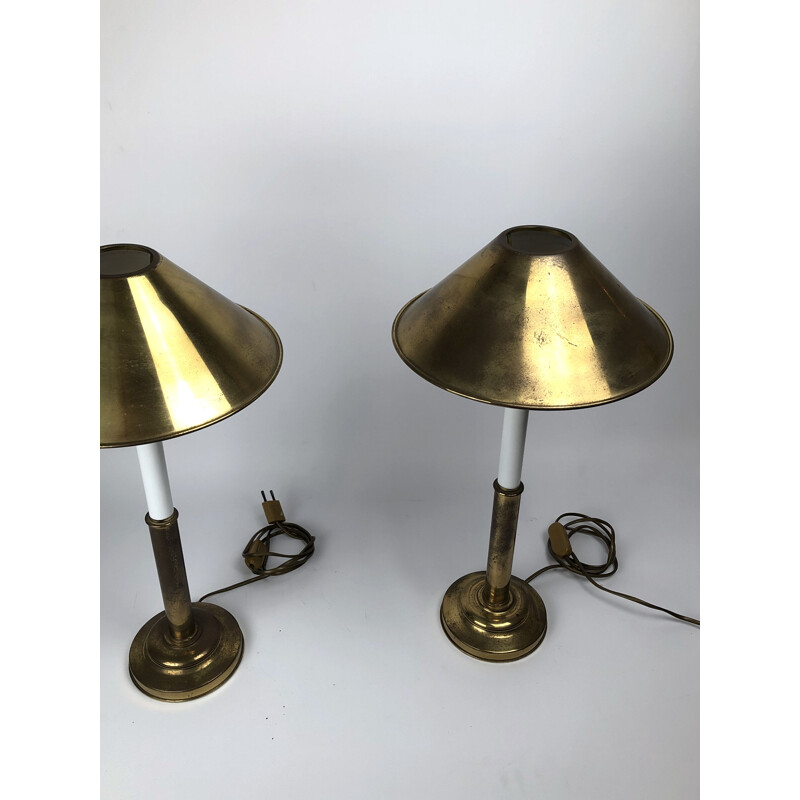 Pair of vintage brass and lacquer table lamps by Tommaso Barbi, Italy 1970