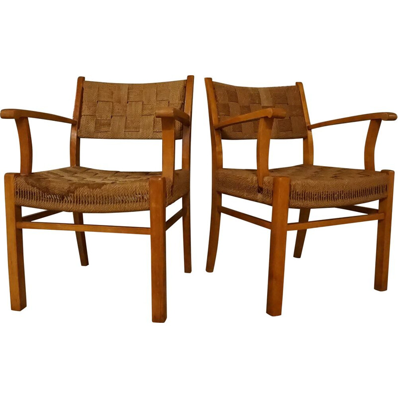 Paire de fauteuils vintage Beechwood &Seagrass par Frits Schlegel pour Fritz Hansen Danois 1940