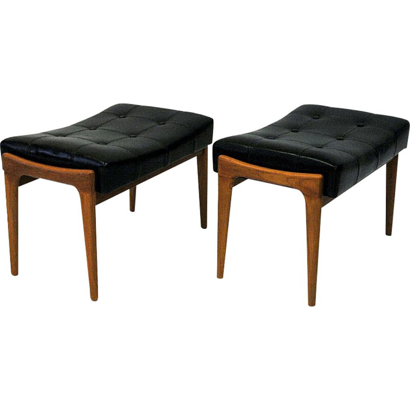 Pair of vintage black imitation leather and teak footstools by Bröderna Andersson Sweden 1950