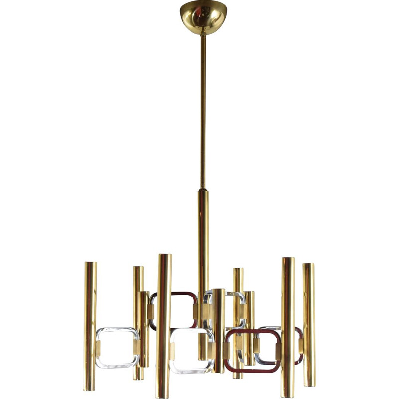 Vintage Sciolari 2-tone brass and chromed metal chandelier by Gaetano Sciolari 1970