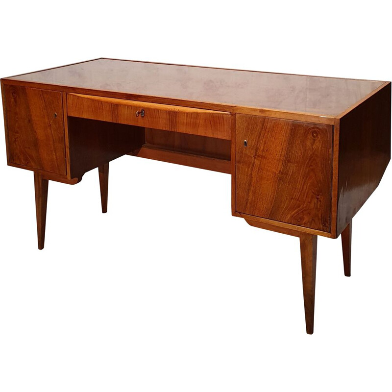 Vintage burr-walnut desk, Bauhaus, Franz Ehrlich for Veb Deutsche Werkstätten Hellerau 1950