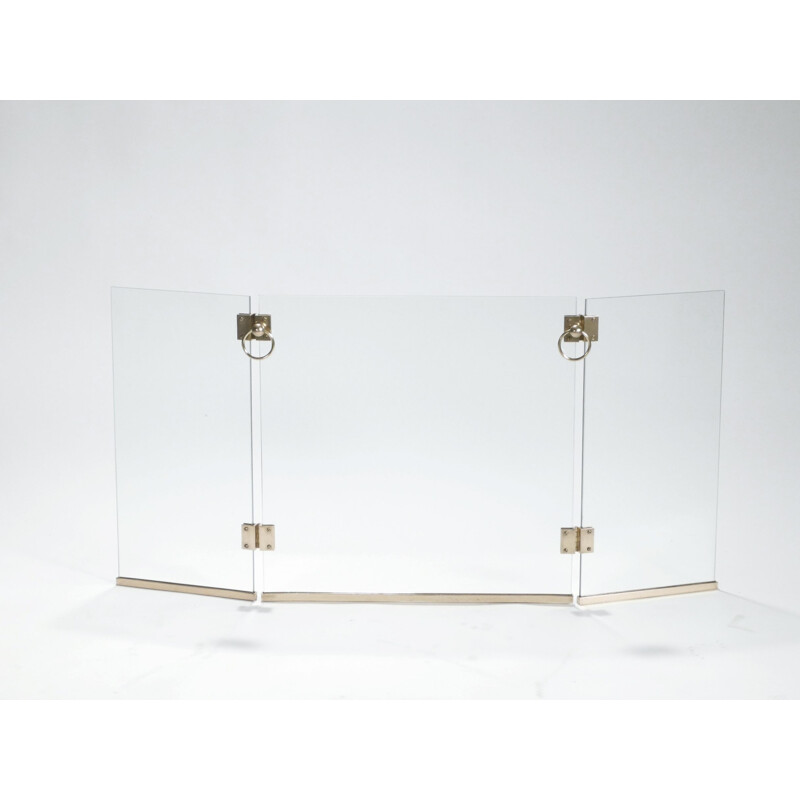 Vintage 3-panel glass and brass fireguard by Jacques Adnet 1940