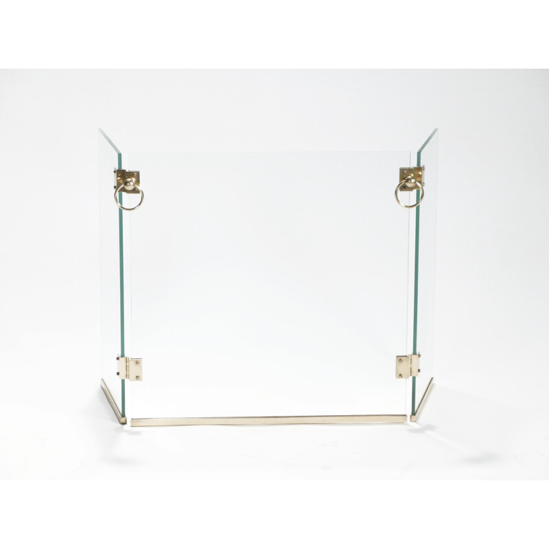 Vintage 3-panel glass and brass fireguard by Jacques Adnet 1940