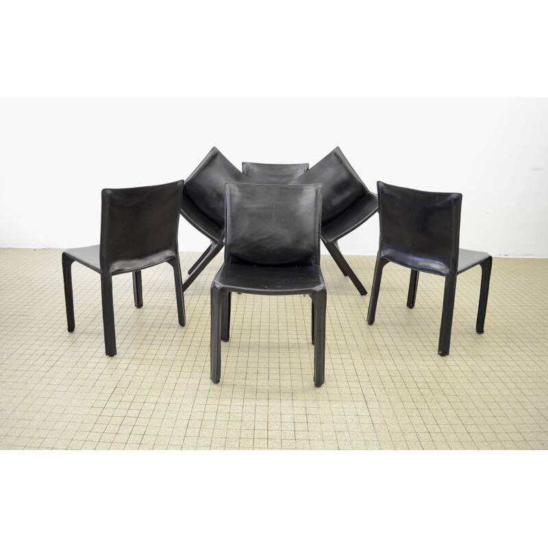 Lot of 6 vintage Cab 412 black leather chairs by Mario Bellini for Cassina 1980