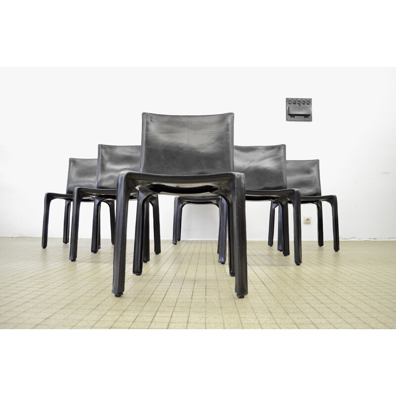 Lot de 6 chaises vintage Cab 412 en cuir noir de Mario Bellini pour Cassina 1980