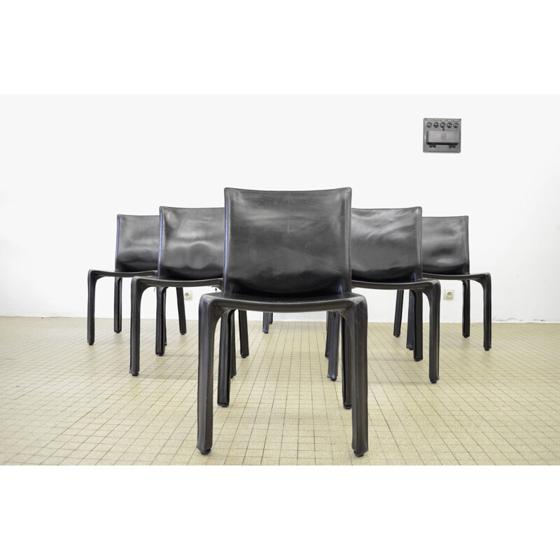 Lot of 6 vintage Cab 412 black leather chairs by Mario Bellini for Cassina 1980