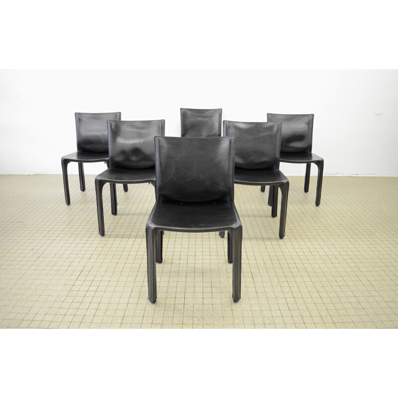 Lot of 6 vintage Cab 412 black leather chairs by Mario Bellini for Cassina 1980