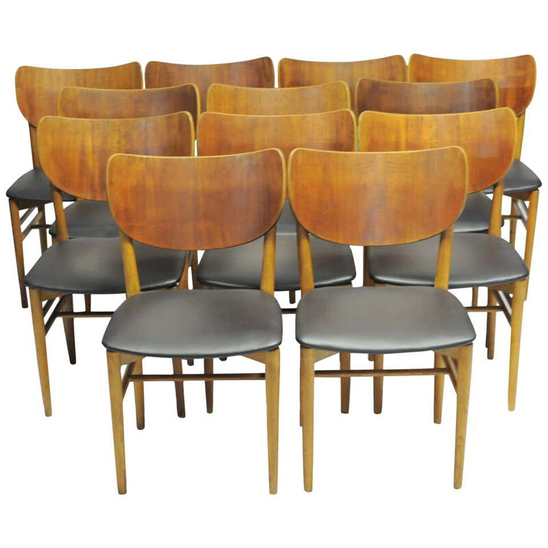 Set of 12 vintage oak and teak chairs by Niels and Eva Koppel for Slagelse Mobelfabrik, Denmark 1950