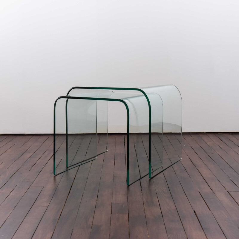 Pair of vintage Waterfall curved glass tables by A. Cortesi & S. Catto 1980