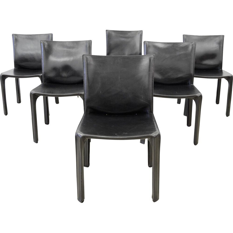 Lot de 6 chaises vintage Cab 412 en cuir noir de Mario Bellini pour Cassina 1980