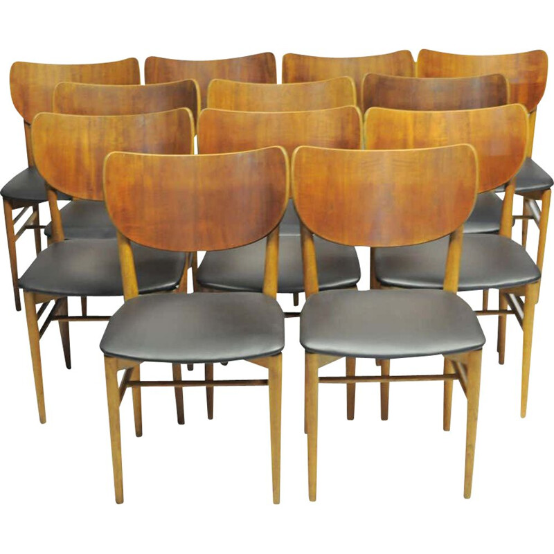 Set of 12 vintage oak and teak chairs by Niels and Eva Koppel for Slagelse Mobelfabrik, Denmark 1950