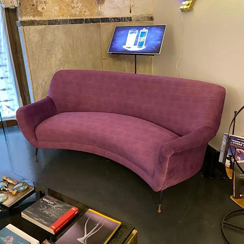 Vintage Modern Purple Velvet and Brass Curved Sofa, Italian 1960s