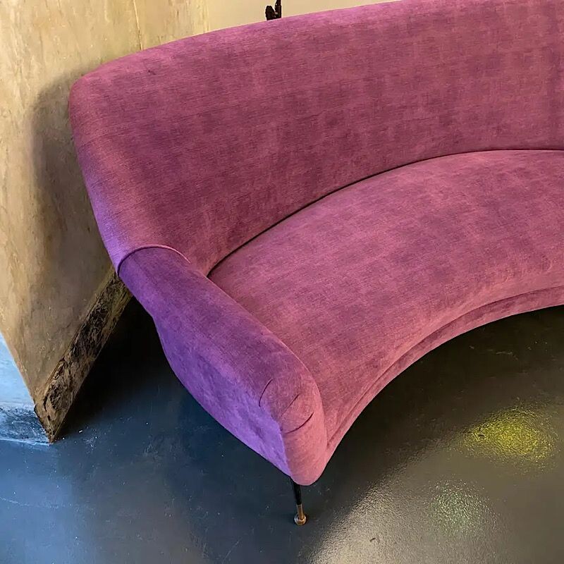 Vintage Modern Purple Velvet and Brass Curved Sofa, Italian 1960s