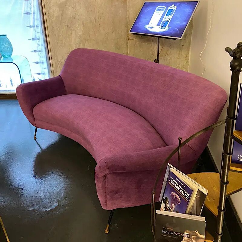 Vintage Modern Purple Velvet and Brass Curved Sofa, Italian 1960s