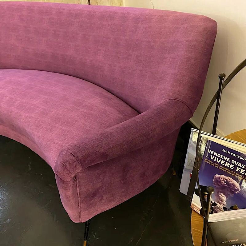 Vintage Modern Purple Velvet and Brass Curved Sofa, Italian 1960s