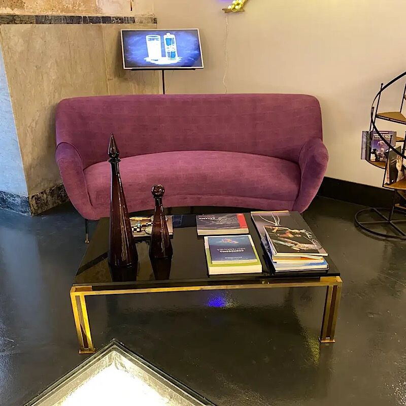 Vintage Modern Purple Velvet and Brass Curved Sofa, Italian 1960s