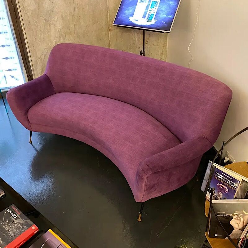 Vintage Modern Purple Velvet and Brass Curved Sofa, Italian 1960s
