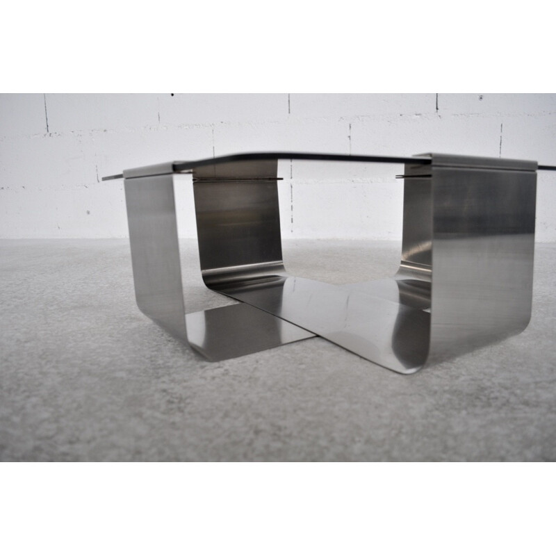 Table basse vintage en métal et verre fumé, François MONNET - 1970